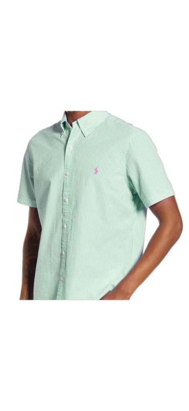 Ralph Lauren Custom Fit Seersucker Short Sleeve Shirt Green White Striped XXL